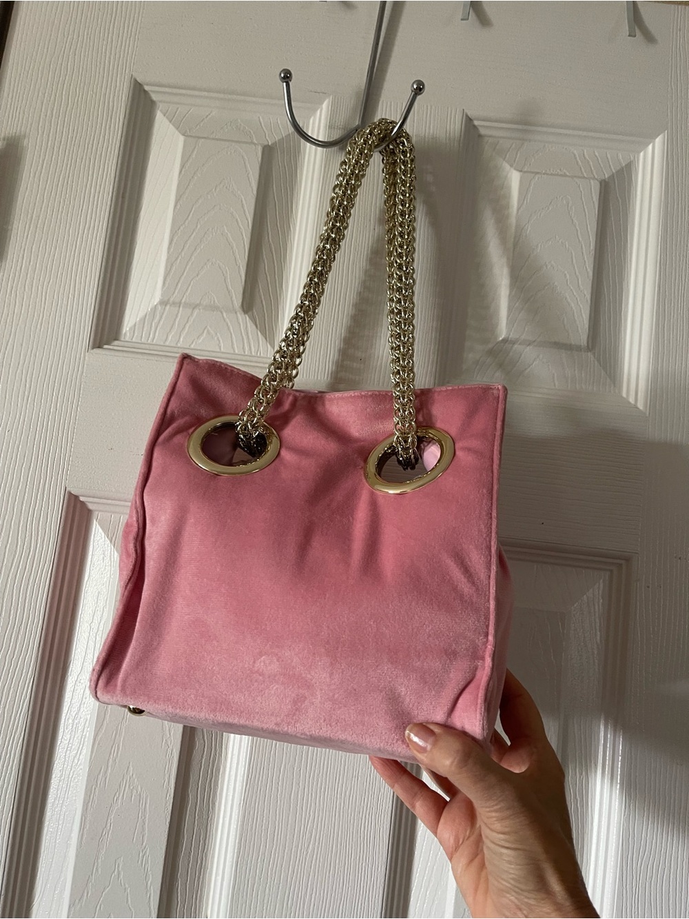 Elegant Pink Velvet Shoulder Tote with Gold Chain Handles